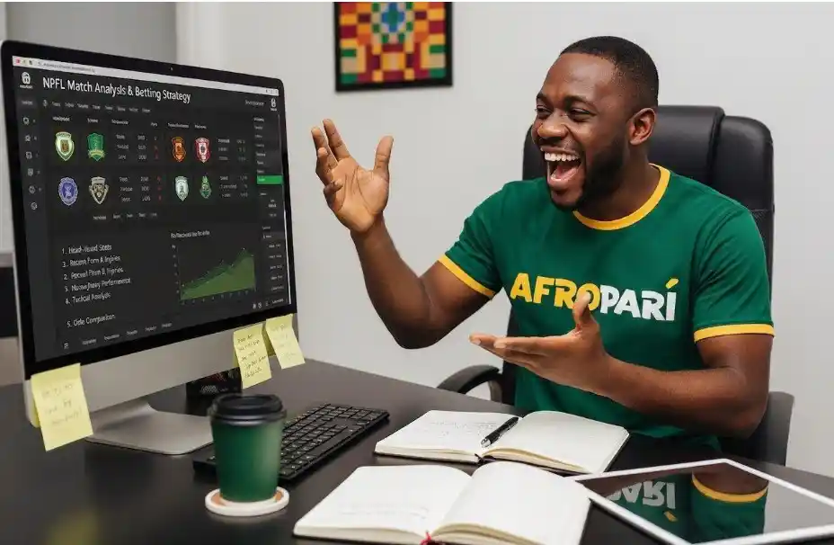 Excited man analyzing NPFL betting stats